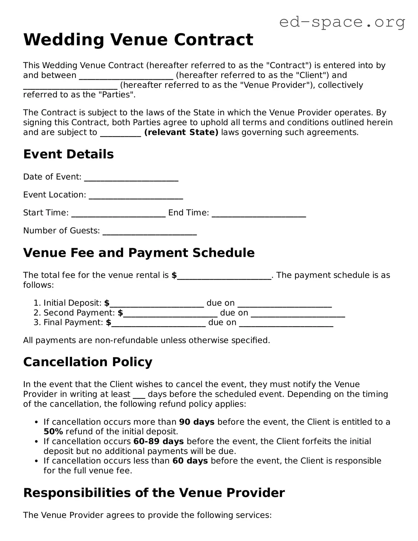 Fillable Wedding Venue Contract Template