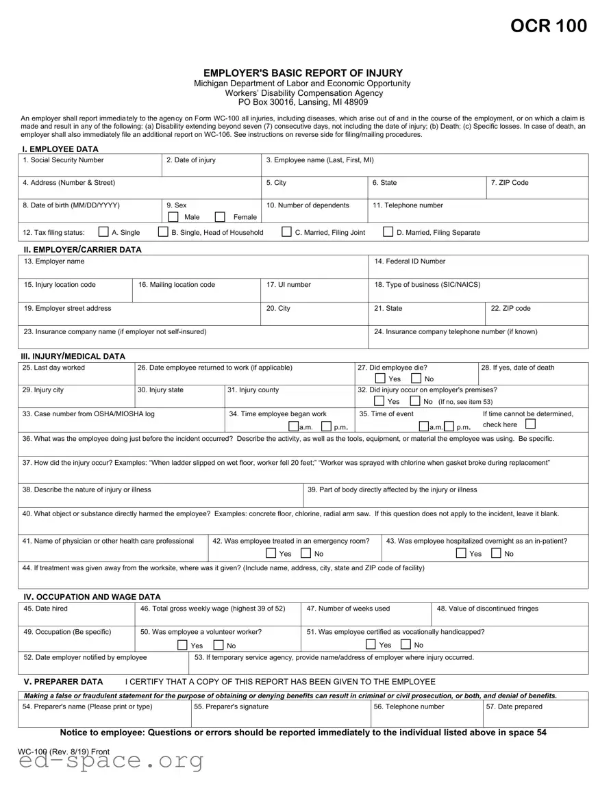 Blank Michigan Wc 100 PDF Form