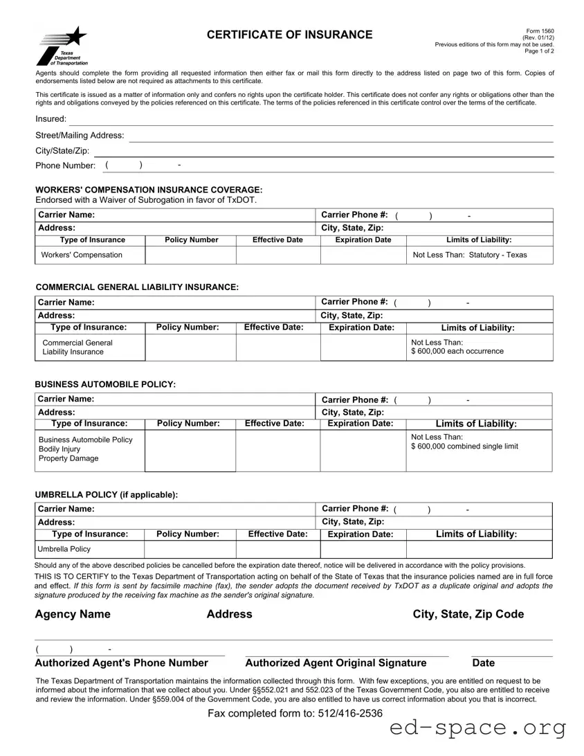 Blank Texas 1560 PDF Form