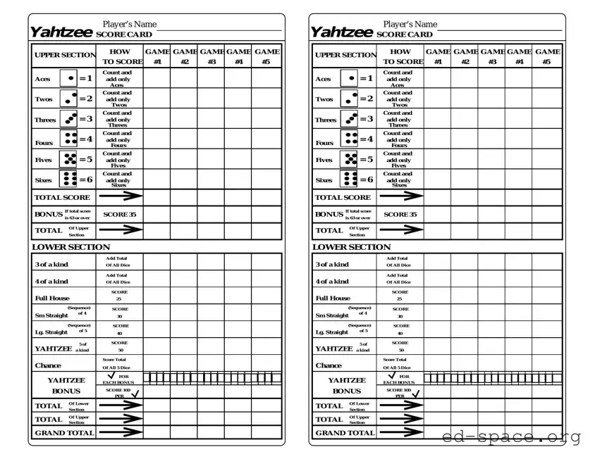 Blank Yahtzee Score Card PDF Form