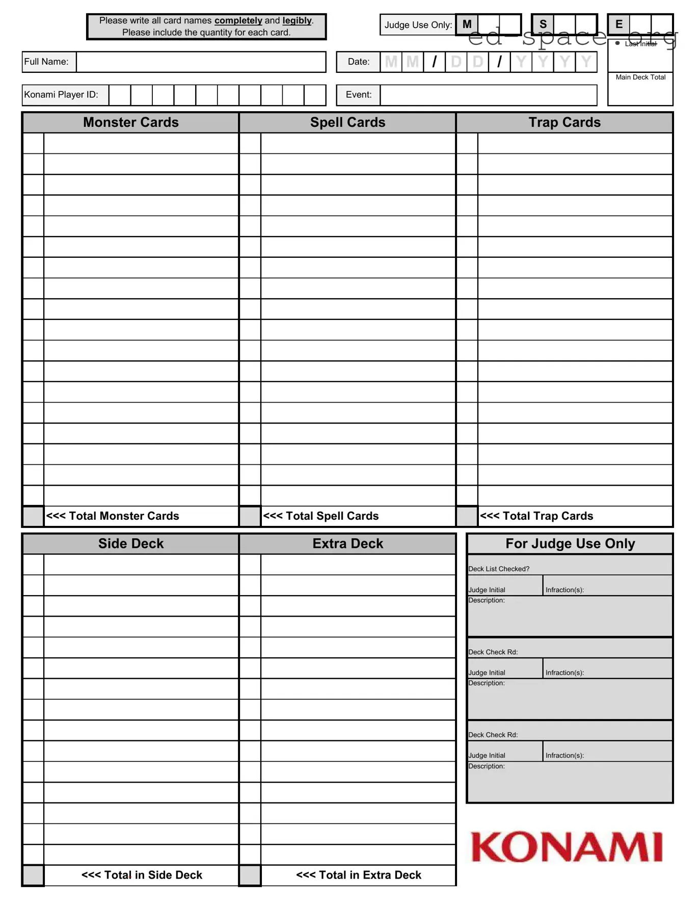 Blank Konami Decklist PDF Form